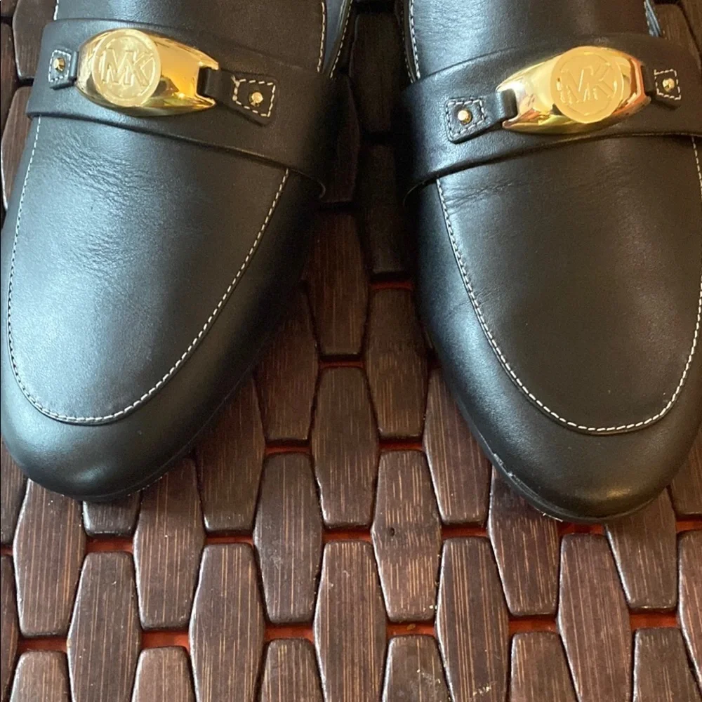 Michael Kors Black Leather Slip-On Shoes with Gold Detail